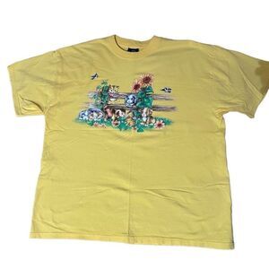 Vintage 90s Women’s Glitter Puppy Nature Print T Shirt Yellow Cottage Sz XL